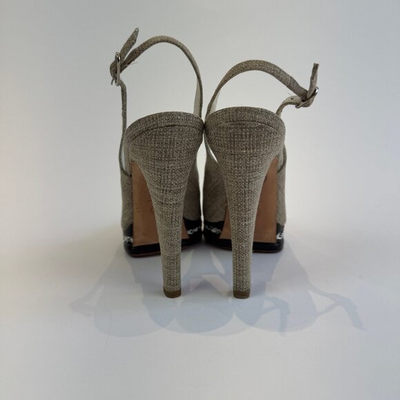 Chanel Beige Canvas and Black Leather Peep Toe Platform Slingbacks, Size 41 - Picture 3 of 14